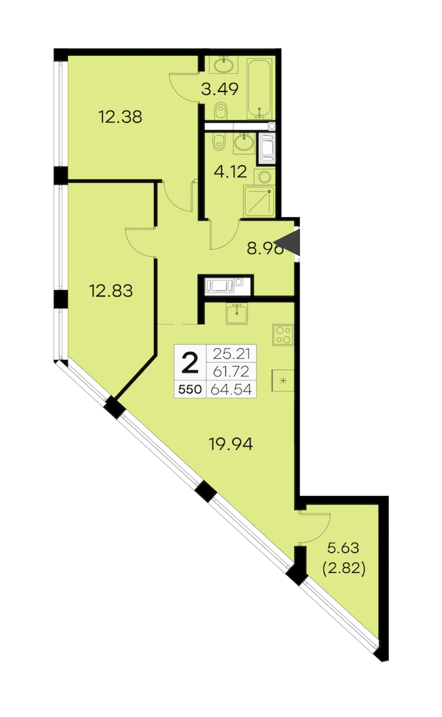 2-комнатная квартира 64.54 м², 15/19 эт., ЖК «GloraX Aura Vasileostrovsky»